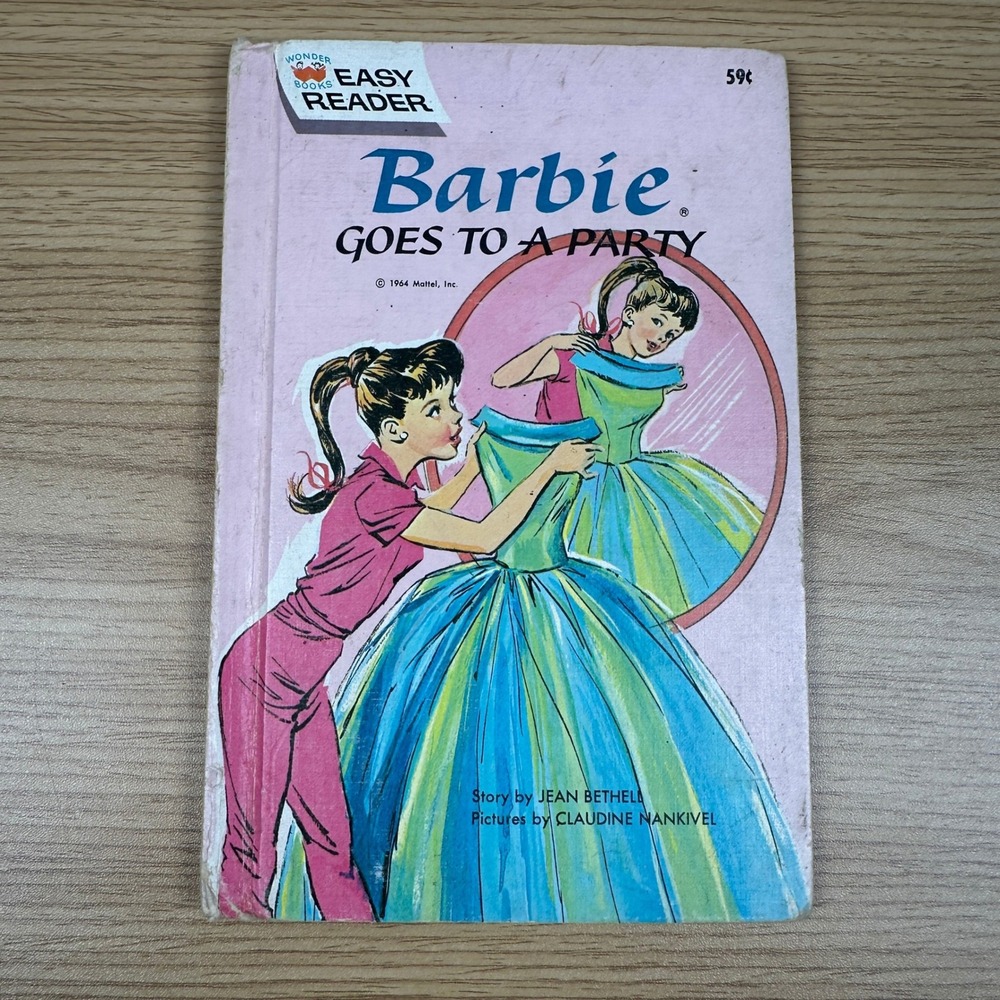 Wonder Books Barbie Goes to a Party Hardcover 1964 Easy Reader Pink Mattel